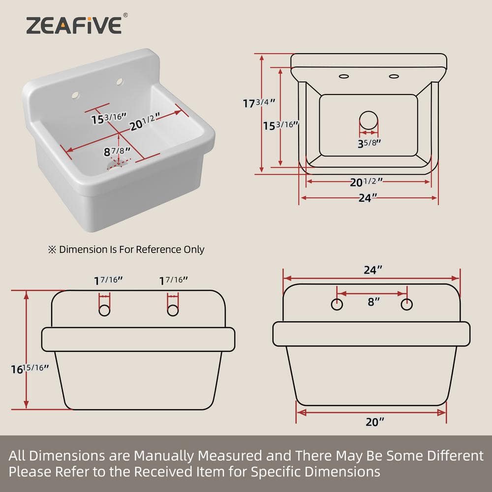 Zeafive High Back 10-Gallon Ceramic Wall Mount Utility Sink, 24x20x17 in.