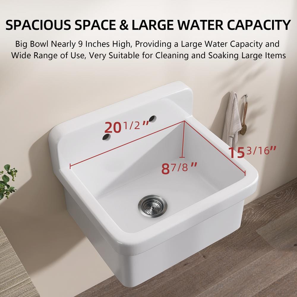 Zeafive High Back 10-Gallon Ceramic Wall Mount Utility Sink, 24x20x17 in.