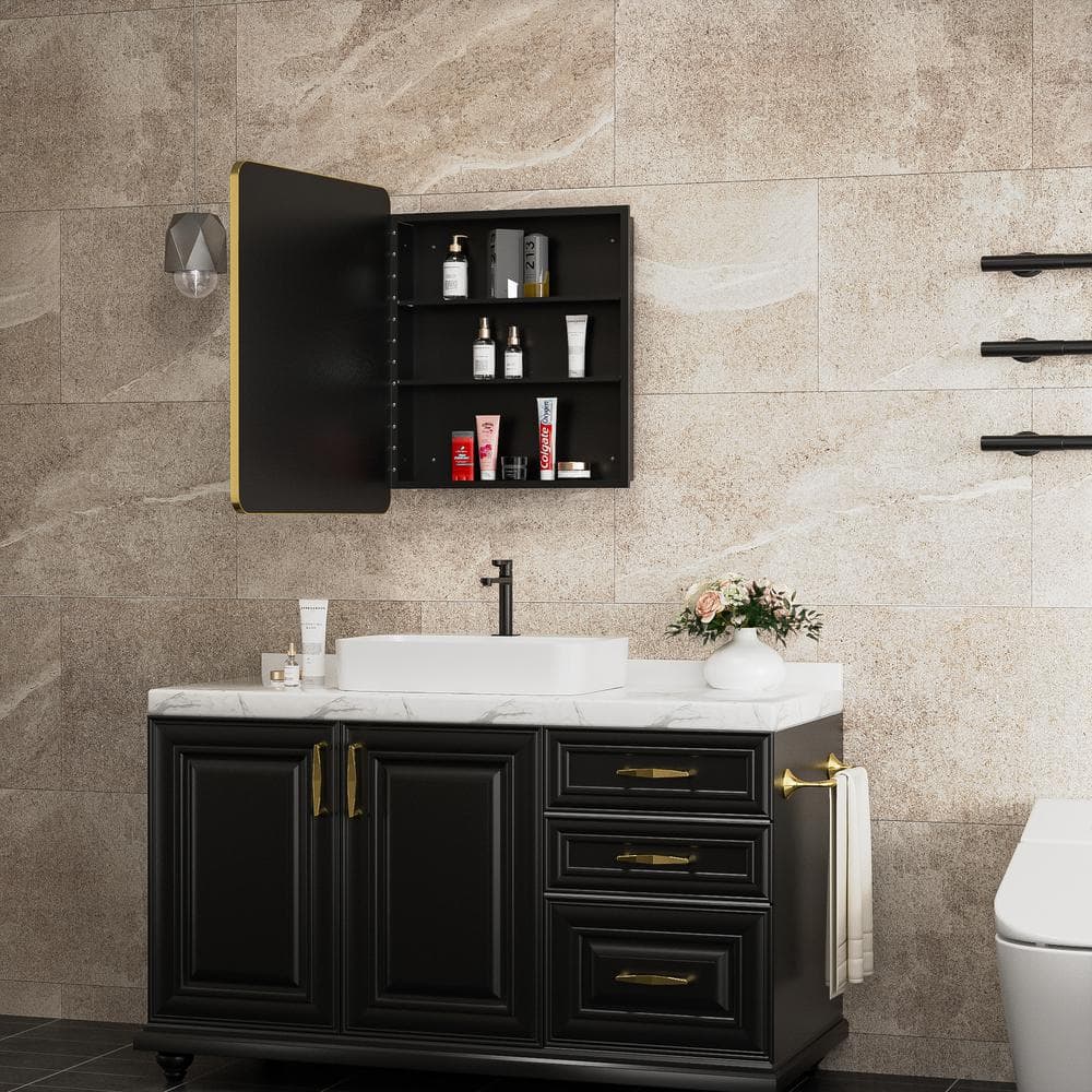 Aosspy 24 in. W x 30 in. H Medium Rectangular Gold Aluminum Alloy Framed Recessed/Surface Mount Medicine Cabinet with Mirror