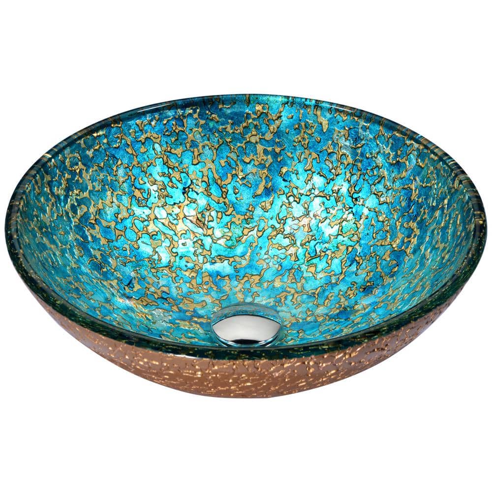 ANZZI Chrona Series 17 in. Round Bathroom Vessel Sink, Gold/Cyan Mix, Glass