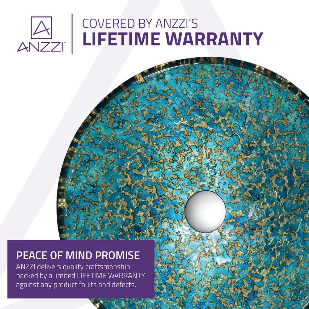 ANZZI Makata Vessel Sink, 16.5 in Round, Gold/Cyan Mix Deco-Glass with Chrome Pop-Up Drain