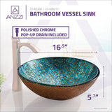 ANZZI Makata Vessel Sink, 16.5 in Round, Gold/Cyan Mix Deco-Glass with Chrome Pop-Up Drain