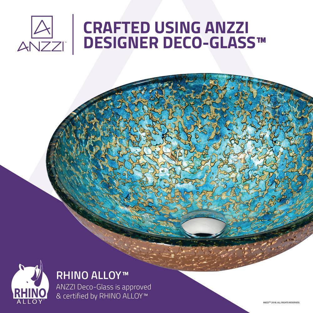 ANZZI Makata Vessel Sink, 16.5 in Round, Gold/Cyan Mix Deco-Glass with Chrome Pop-Up Drain