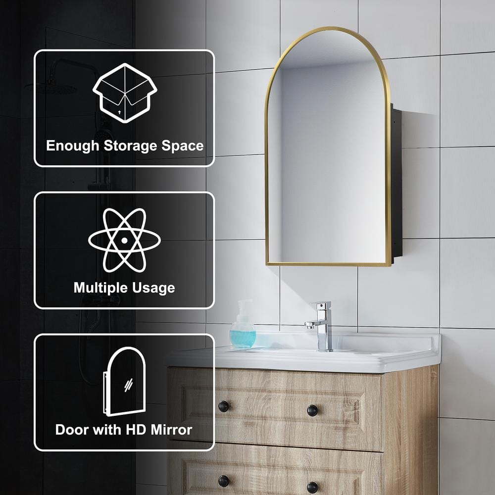 Dovelina 24 in. W x 36 in. H Arched Gold Recessed/Surface Mount Medicine Cabinet with Mirror