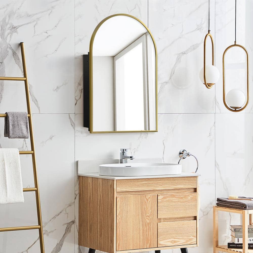 Dovelina 24 in. W x 36 in. H Arched Gold Recessed/Surface Mount Medicine Cabinet with Mirror
