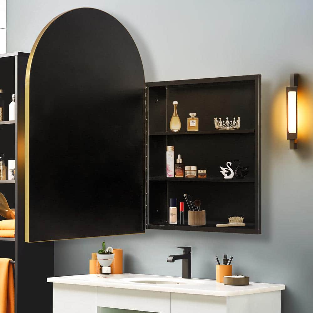 Dovelina 24 in. W x 36 in. H Arched Gold Recessed/Surface Mount Medicine Cabinet with Mirror