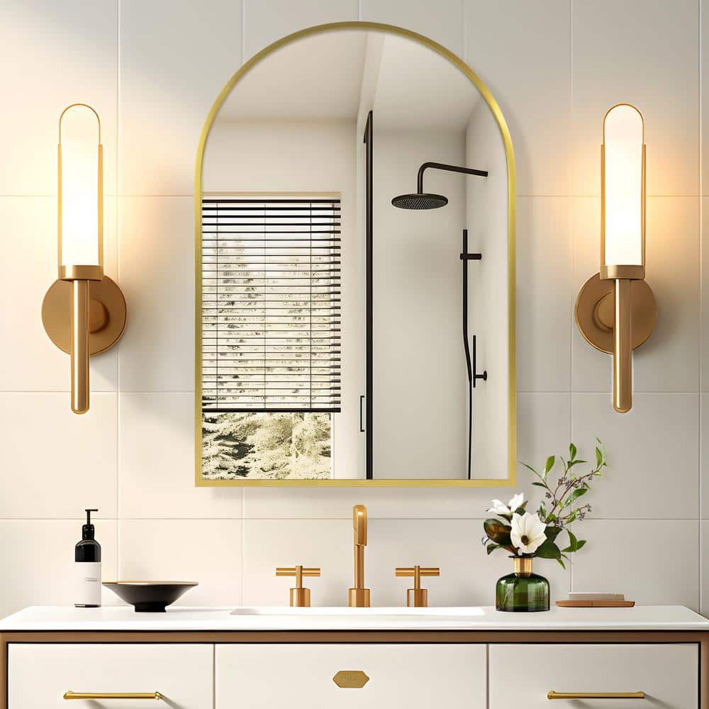 Dovelina 24 in. W x 36 in. H Arched Gold Recessed/Surface Mount Medicine Cabinet with Mirror
