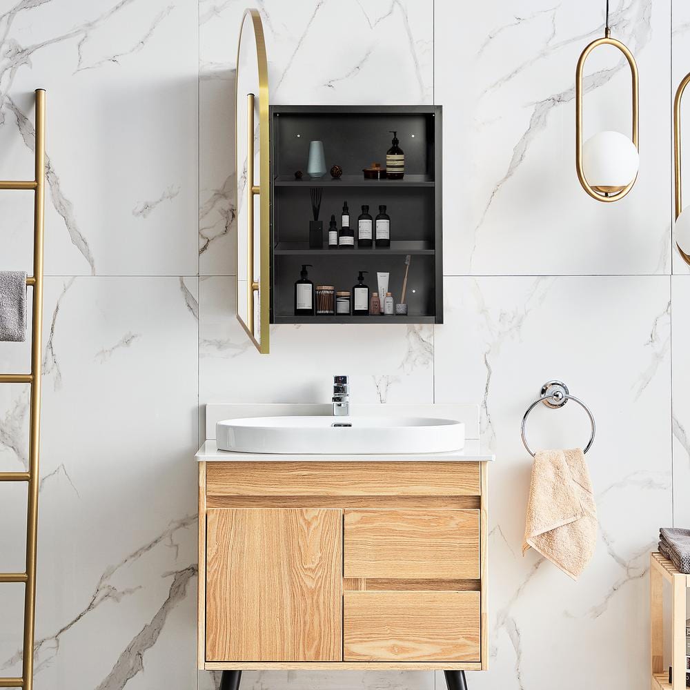 Dovelina 24 in. W x 36 in. H Arched Gold Recessed/Surface Mount Medicine Cabinet with Mirror