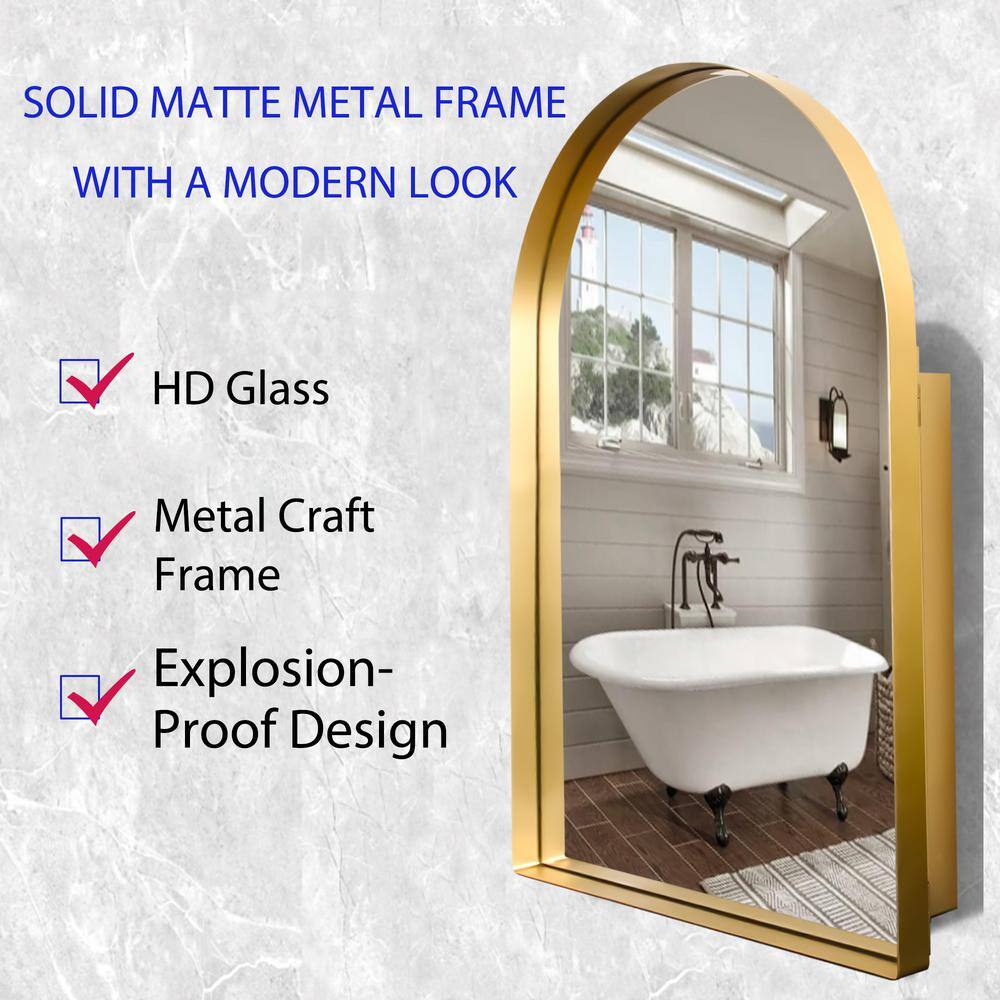 Tenleaf 24 in. W x 36 in. H Arched Recessed Metal Medicine Cabinet with Mirror and Adjustable Shelves in Matte Gold