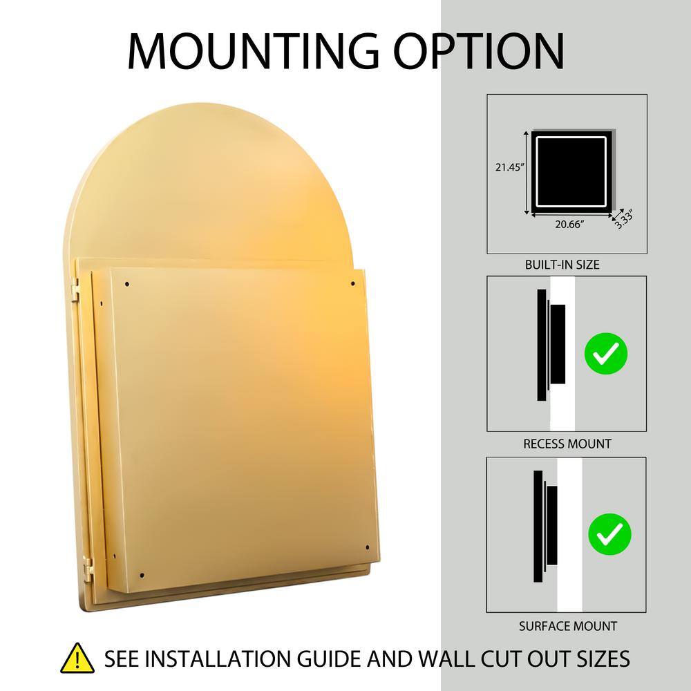 Tenleaf 24 in. W x 36 in. H Arched Recessed Metal Medicine Cabinet with Mirror and Adjustable Shelves in Matte Gold