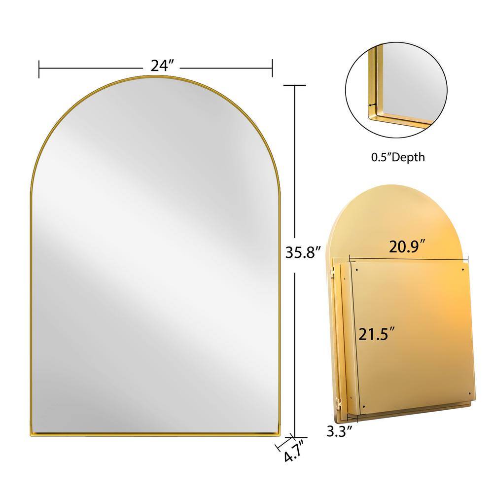 Tenleaf 24 in. W x 36 in. H Arched Recessed Metal Medicine Cabinet with Mirror and Adjustable Shelves in Matte Gold