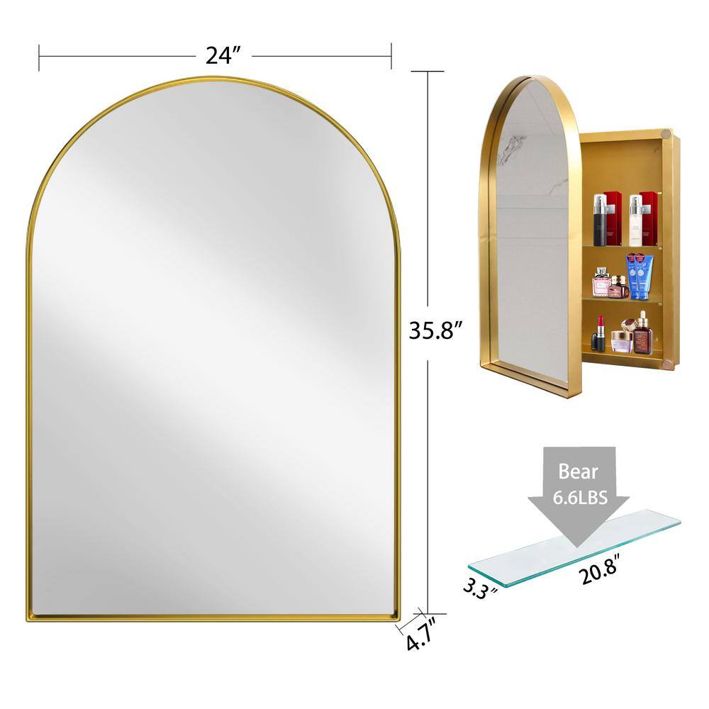 Tenleaf 24 in. W x 36 in. H Arched Recessed Metal Medicine Cabinet with Mirror and Adjustable Shelves in Matte Gold