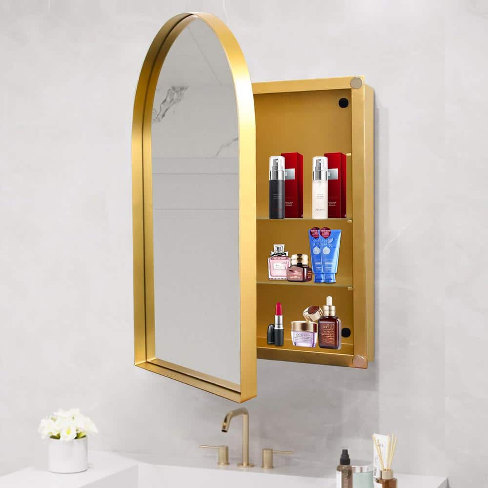 Tenleaf 24 in. W x 36 in. H Arched Recessed Metal Medicine Cabinet with Mirror and Adjustable Shelves in Matte Gold