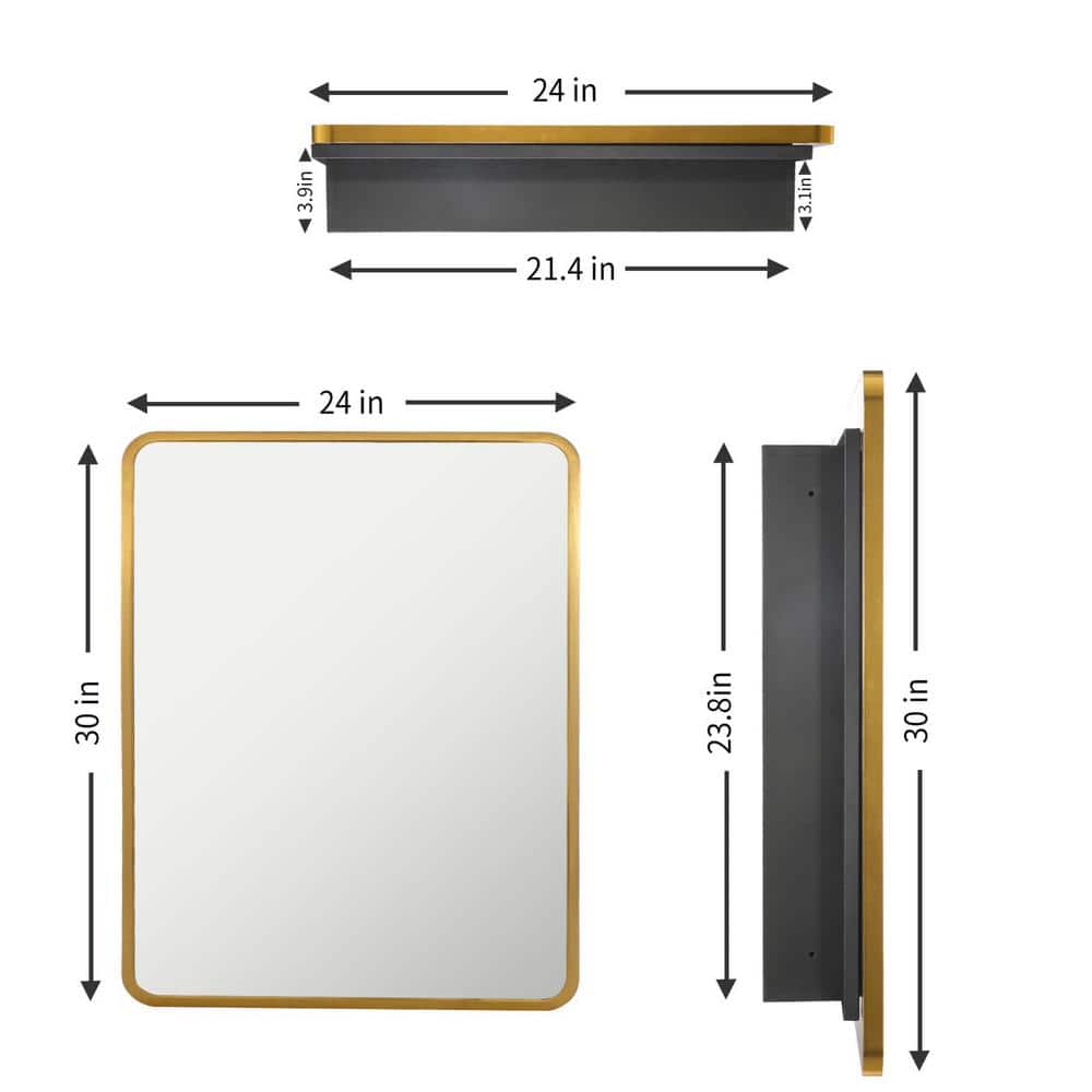 24 in. W x 30 in. H Rectangular Small Gold Metal Frame Wall mount or Recessed Bathroom Medicine Cabinet with Mirror