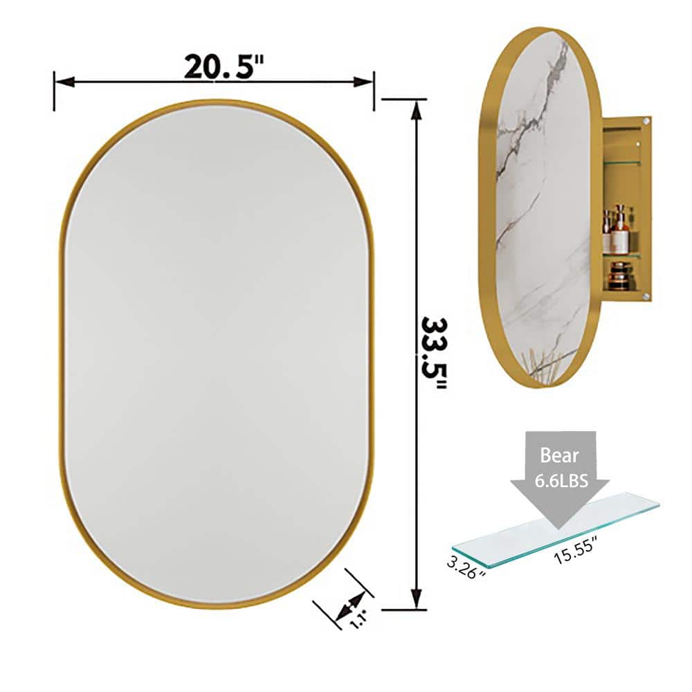 Tenleaf 20.47 in. W x 33.46 in. H Oval Metal Medicine Cabinet with Mirror, Wall Cabinet with Adjustable Shelves, Gold
