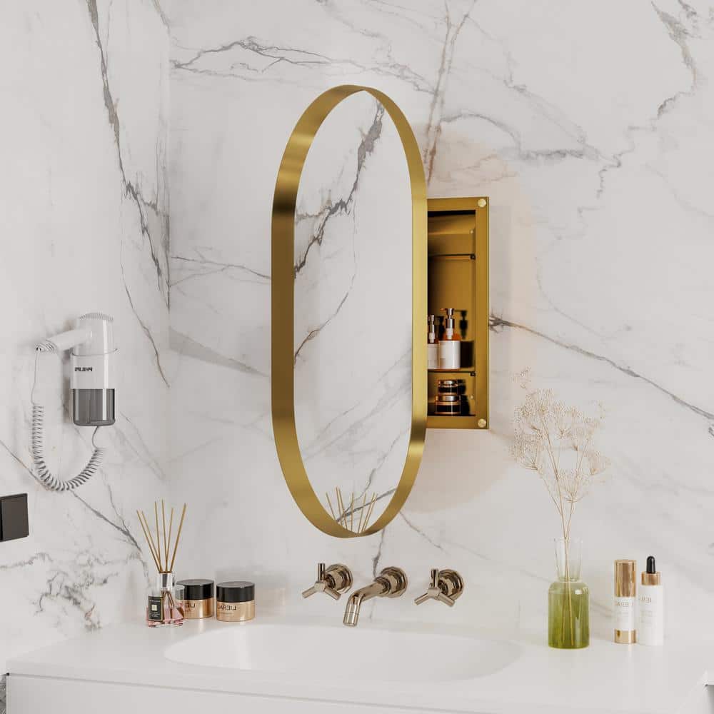 Tenleaf 20.47 in. W x 33.46 in. H Oval Metal Medicine Cabinet with Mirror, Wall Cabinet with Adjustable Shelves, Gold