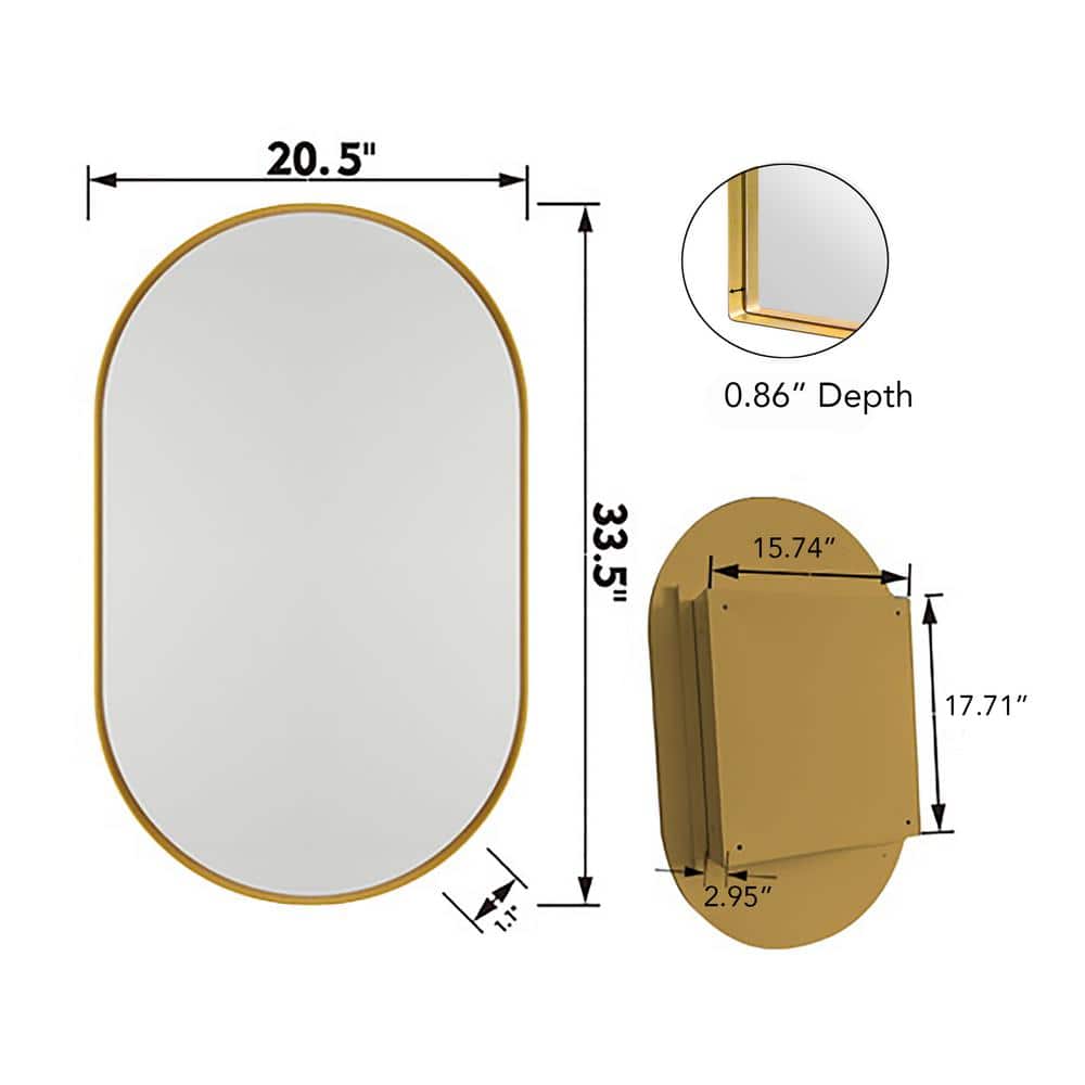 Tenleaf 20.47 in. W x 33.46 in. H Oval Metal Medicine Cabinet with Mirror, Wall Cabinet with Adjustable Shelves, Gold