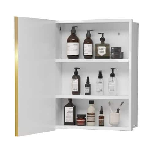 Aoibox 16 in. W x 28 in. H Rectangular Metal Medicine Cabinet with Mirror in Gold White for Bathroom