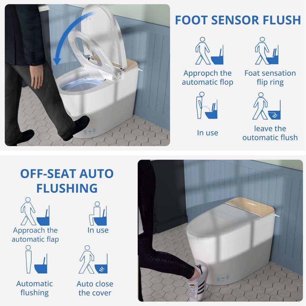 Relyblo intelligent Elongated Bidet Toilet 1.27 GPF in Gold White with Auto Open/Close and Foot Sensing