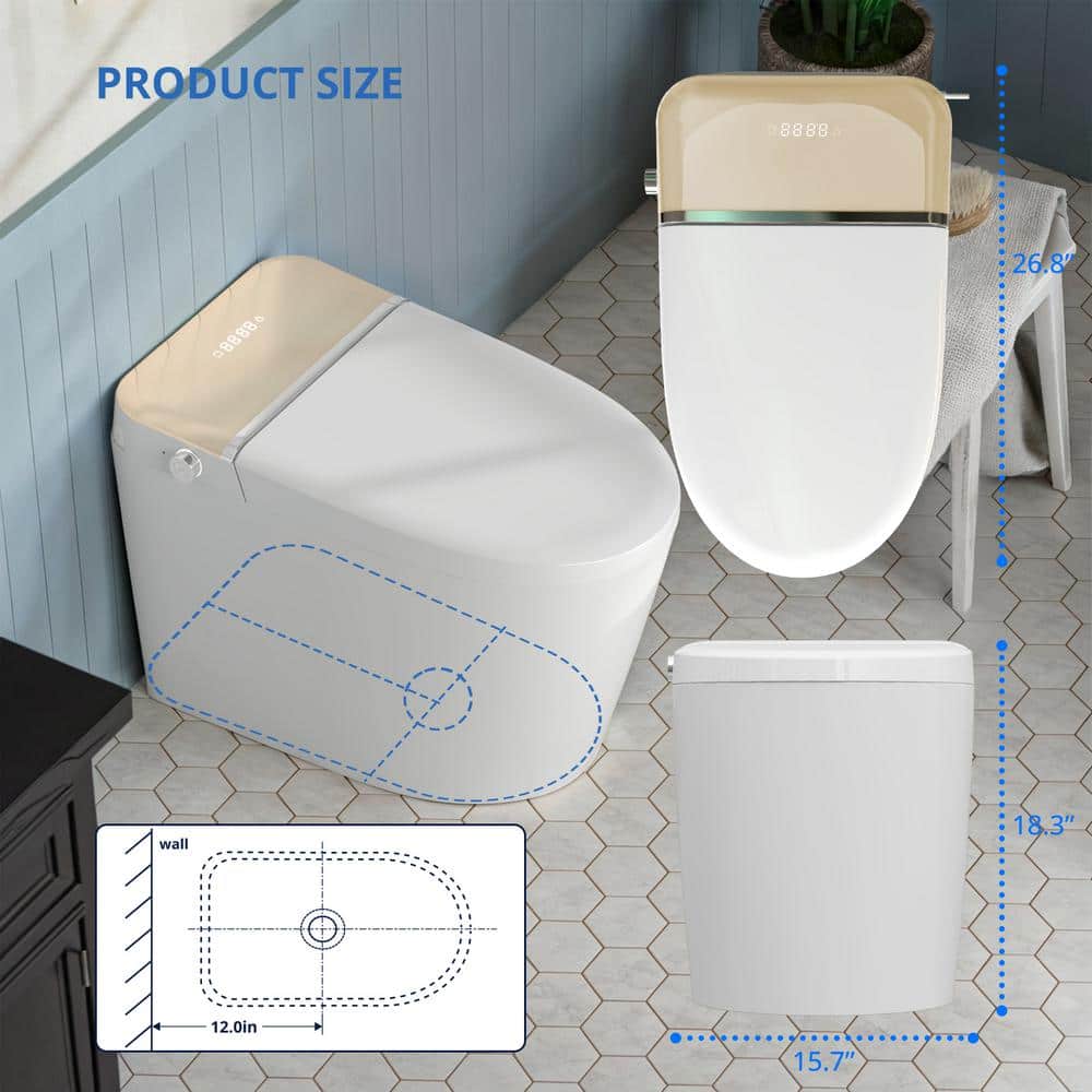 Relyblo intelligent Elongated Bidet Toilet 1.27 GPF in Gold White with Auto Open/Close and Foot Sensing