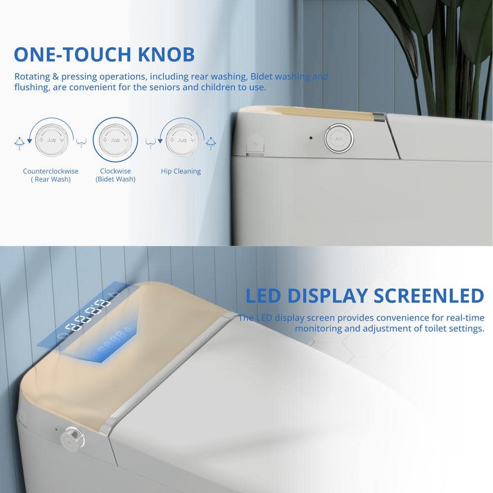 Relyblo intelligent Elongated Bidet Toilet 1.27 GPF in Gold White with Auto Open/Close and Foot Sensing