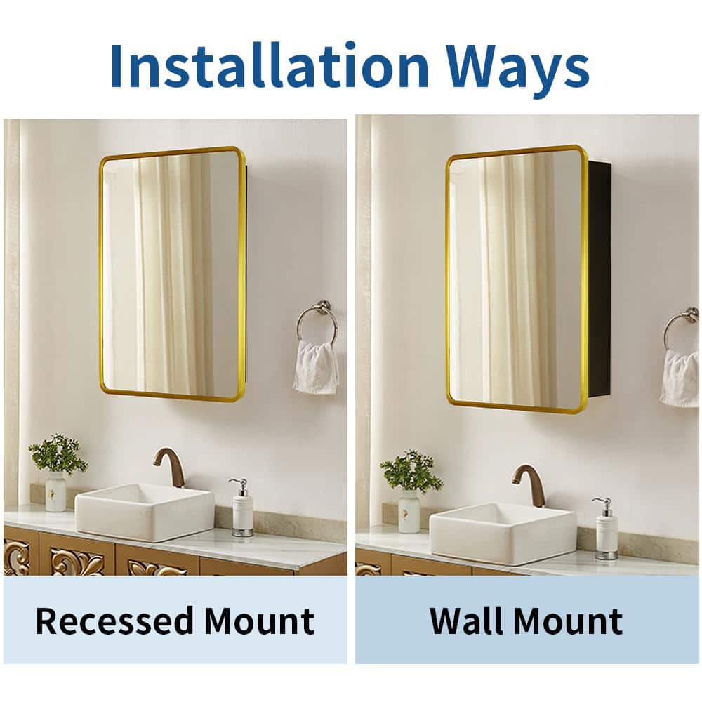 Zeus & Ruta 24 in. W x 30 in. H Rectangular Gold Framed Aluminum Medicine Cabinet with Mirror