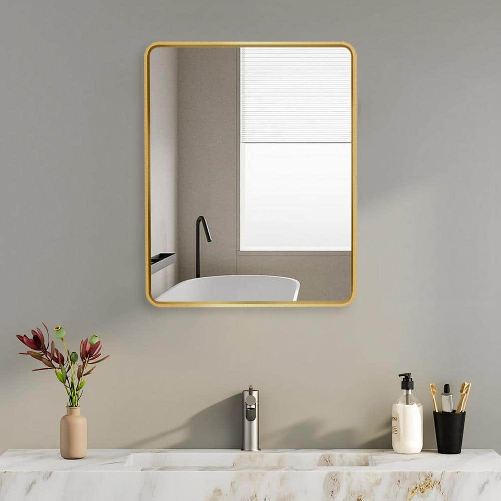 Zeus & Ruta 24 in. W x 30 in. H Rectangular Gold Framed Aluminum Medicine Cabinet with Mirror
