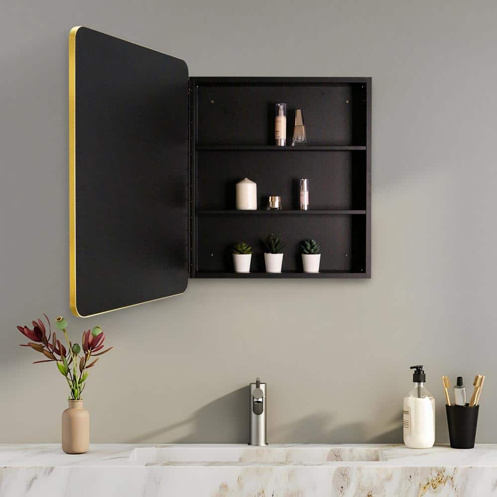 Zeus & Ruta 24 in. W x 30 in. H Rectangular Gold Framed Aluminum Medicine Cabinet with Mirror