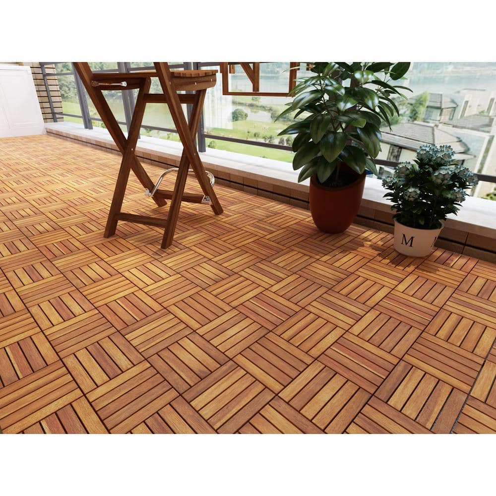 Interbuild 1 ft. x 1 ft. Interlocking Solid Hardwood Acacia Deck Tile in Golden Teak (10-Piece per Carton - 10 sq. ft.)