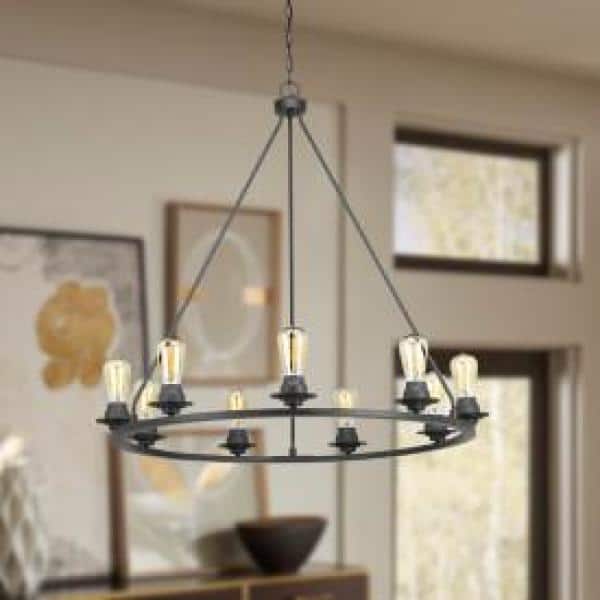 Progress Lighting Debut Collection 28 in. 9-Light Black Graphite Farmhouse Urban Industrial Chandelier Dining Light