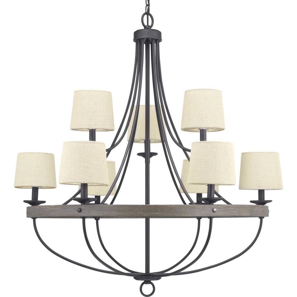 Progress Lighting Gulliver Collection 35-1/4 in. 9-Light Graphite Coastal Chandelier with Weathered Gray Wood Accents for Dining Rooms