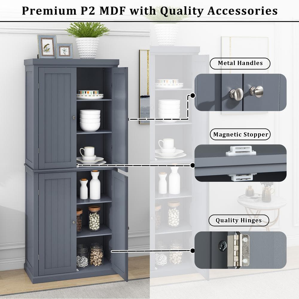 Adrinfly 30 in. W x 14 in. D x 72.4 in. H in Gray MDF Ready to Assemble Kitchen Cabinet Pantry with 4-Doors & Adjustable Shelves