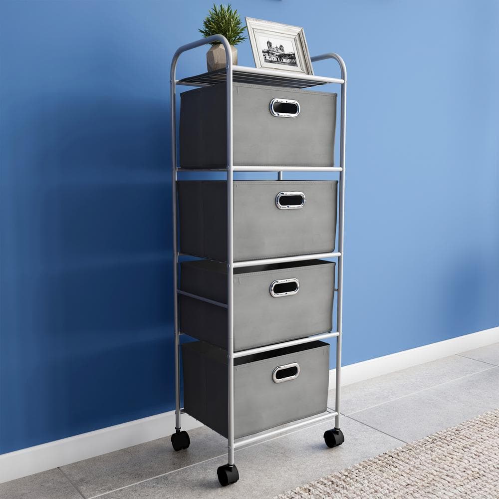 Lavish Home 12 in. W x 45 in. H 4-Drawer Rolling Metal Storage Organizer with Fabric Bins