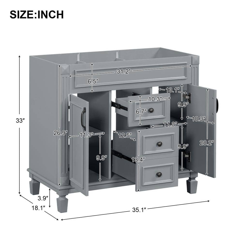 FUNKOL 35.9 x 17.9 x 34 In. Gray Vertical Bathroom Cabinet with 2 Drawers and 2 Soft Close Doors, Top Sink Not Included