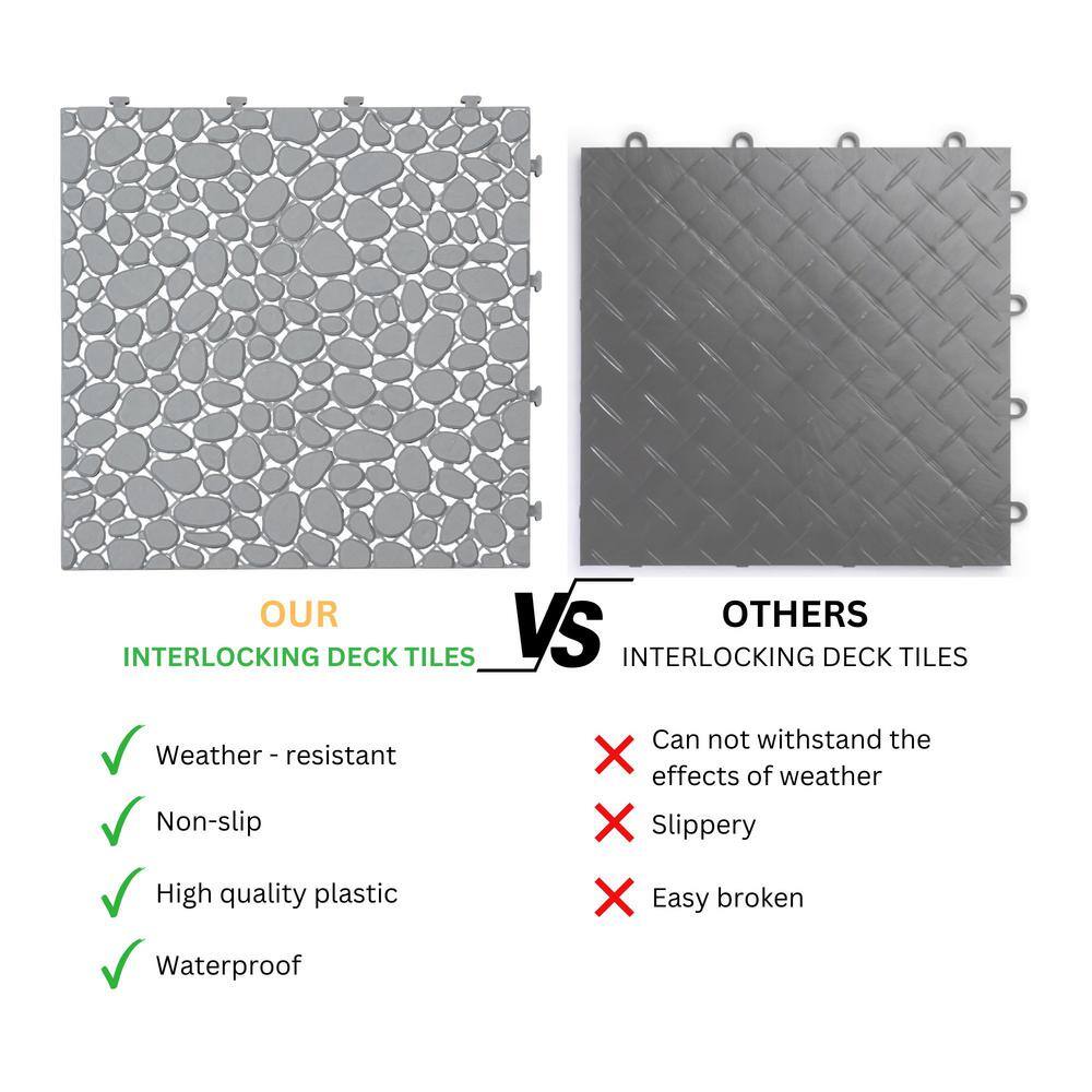 LIVIZA 1 ft. x 1 ft. Anti-Slip Plastic Deck Tile in Gray (12-Piece), Pebble Stone Pattern