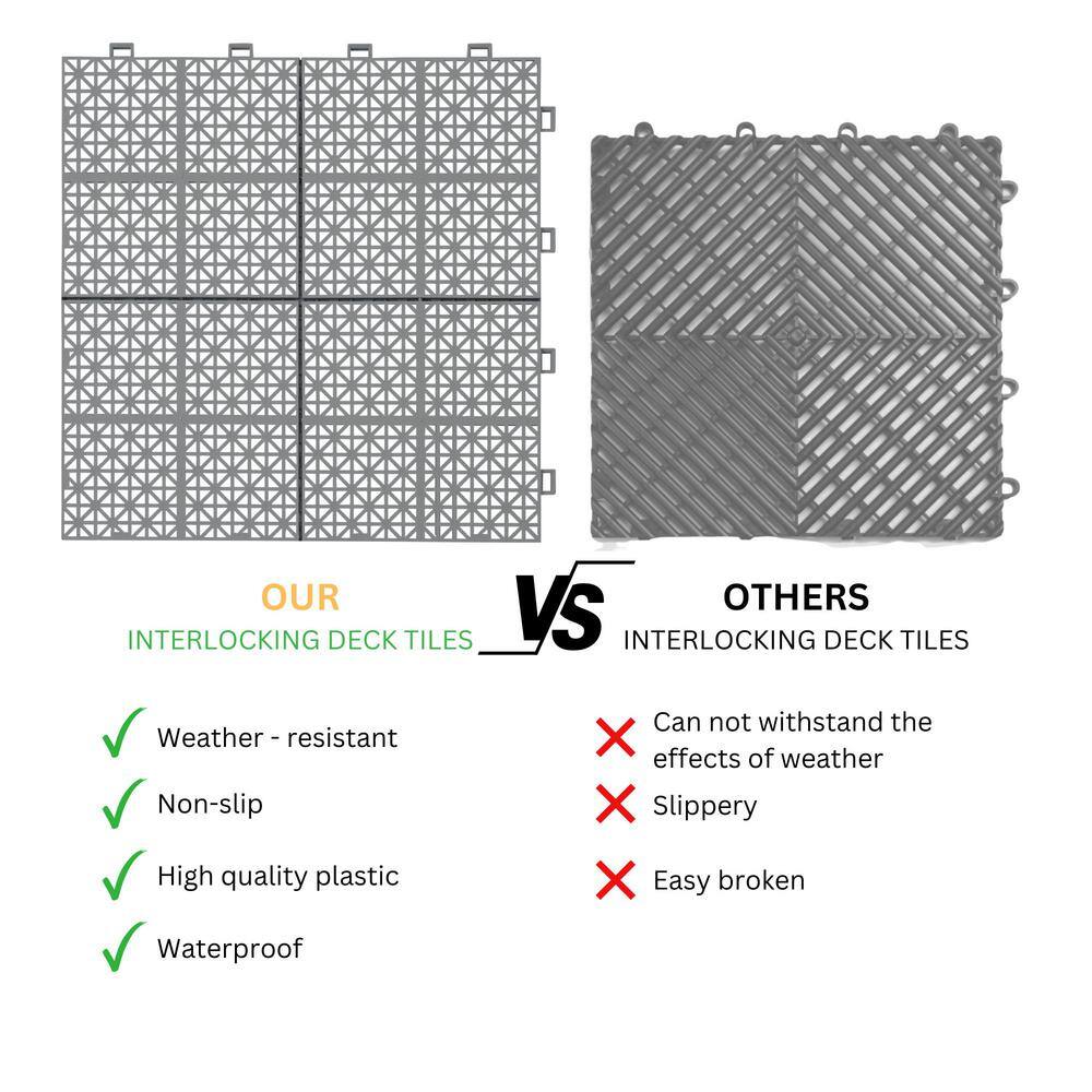 LIVIZA 1 ft. x 1 ft. Anti-Slip Plastic Deck Tile in Gray (60-Piece), Rosette Pattern