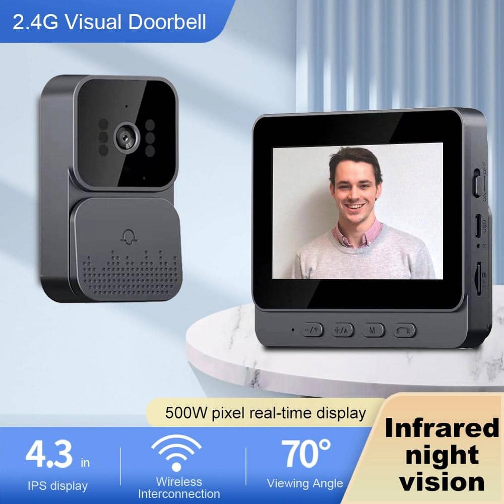 Lukyamzn 4.3 in. Wireless Hardwired IPS Color Screen Digital Doorbell Camera 1080P IR Video Intercom with Night Vision in Gray