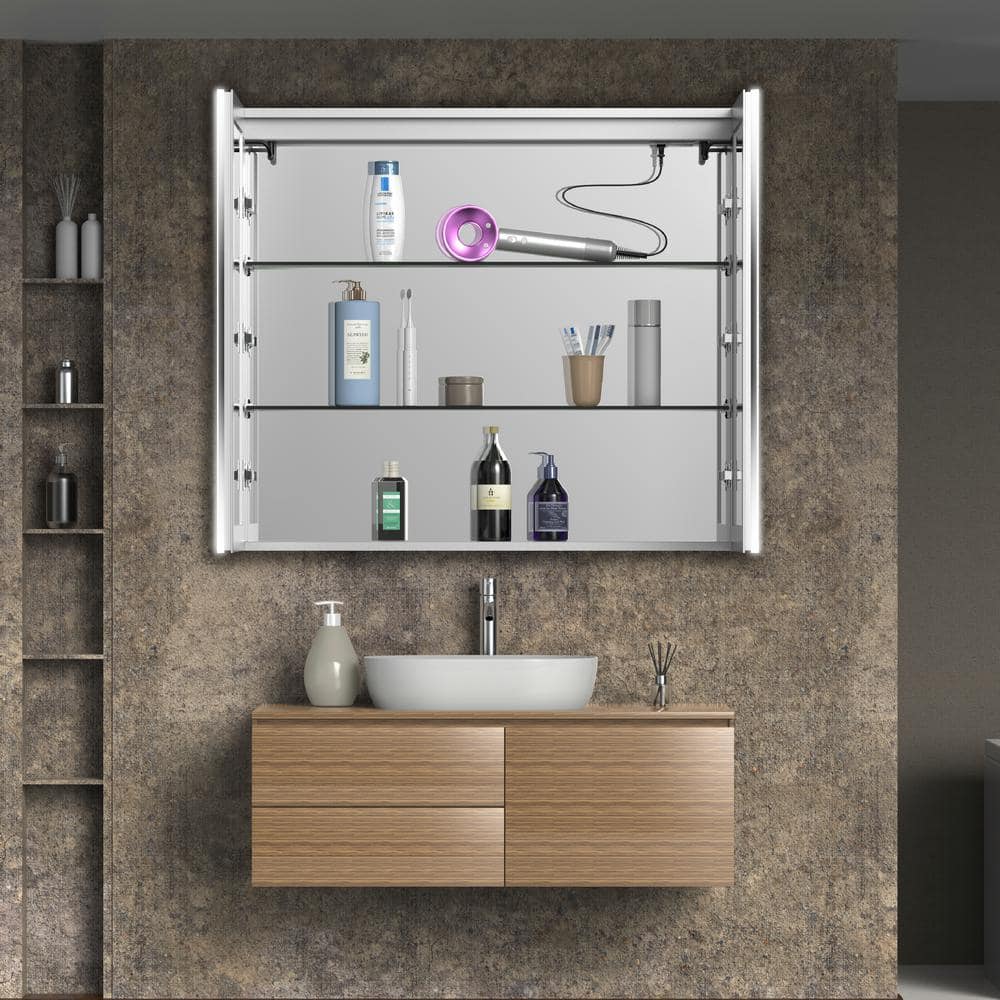tunuo 42 in. W x 36 in. H Rectangular Aluminum Big Storage Surface Mount Medicine Cabinet with Mirror in Grey and USB Outlet