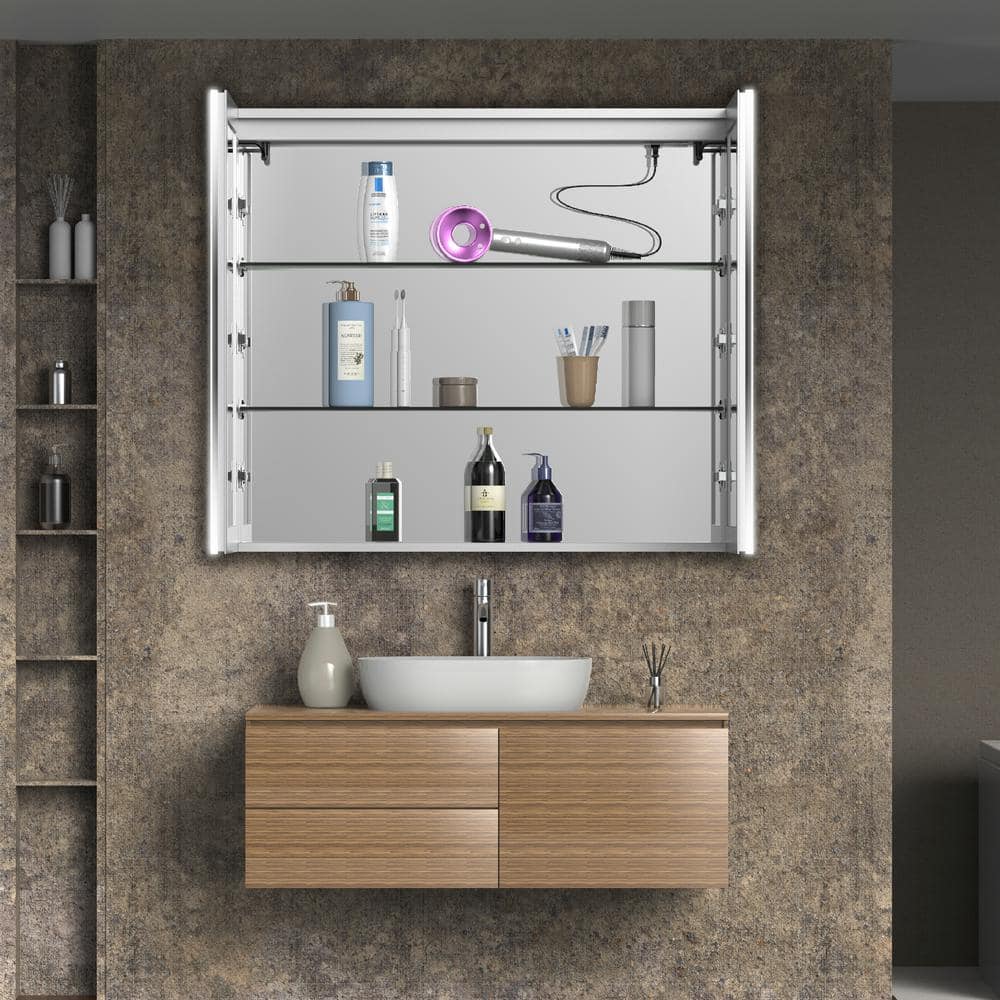tunuo 42 in. W x 36 in. H Rectangular Aluminum Big Storage Surface Mount Medicine Cabinet with Mirror in Grey and USB Outlet