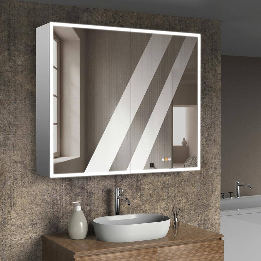 tunuo 42 in. W x 36 in. H Rectangular Aluminum Big Storage Surface Mount Medicine Cabinet with Mirror in Grey and USB Outlet