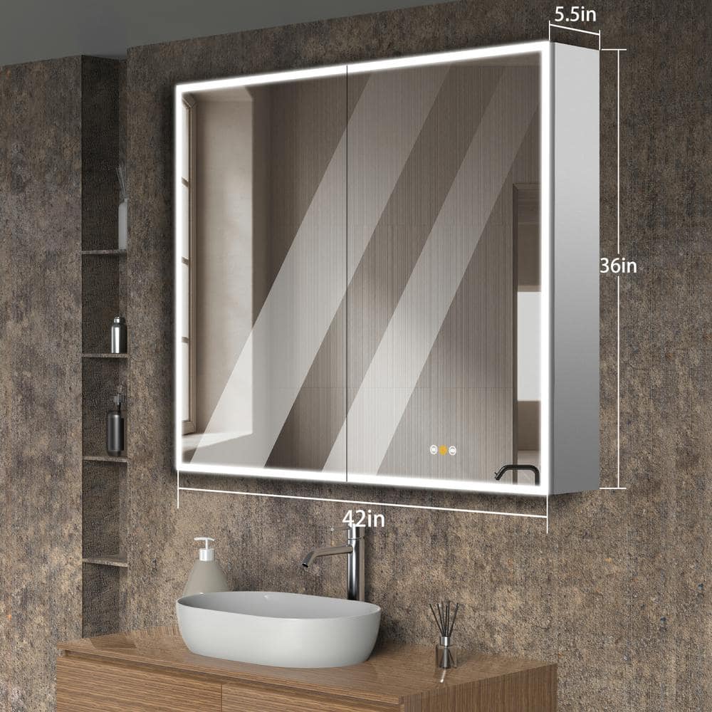 tunuo 42 in. W x 36 in. H Rectangular Aluminum Big Storage Surface Mount Medicine Cabinet with Mirror in Grey and USB Outlet