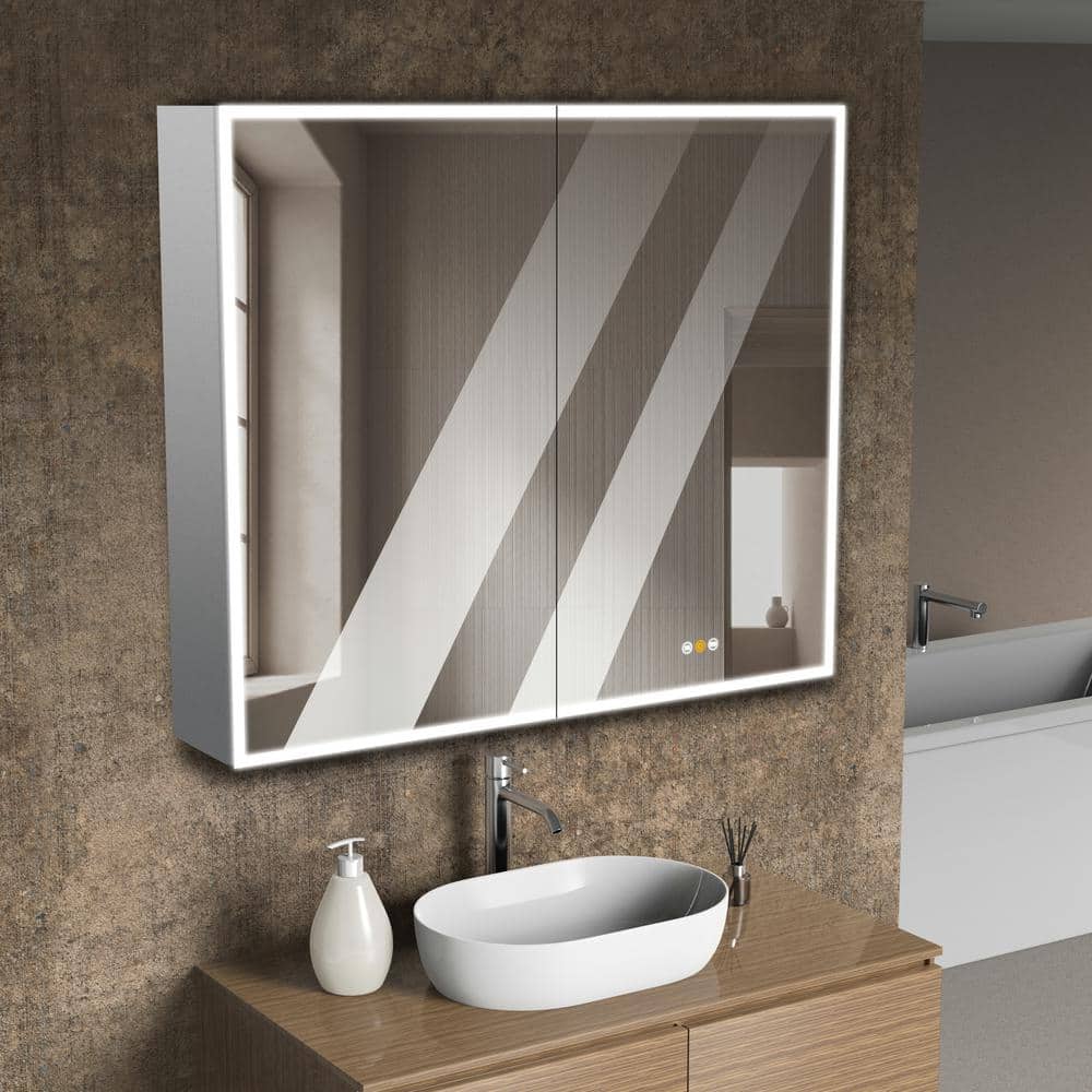 tunuo 42 in. W x 36 in. H Rectangular Aluminum Big Storage Surface Mount Medicine Cabinet with Mirror in Grey and USB Outlet