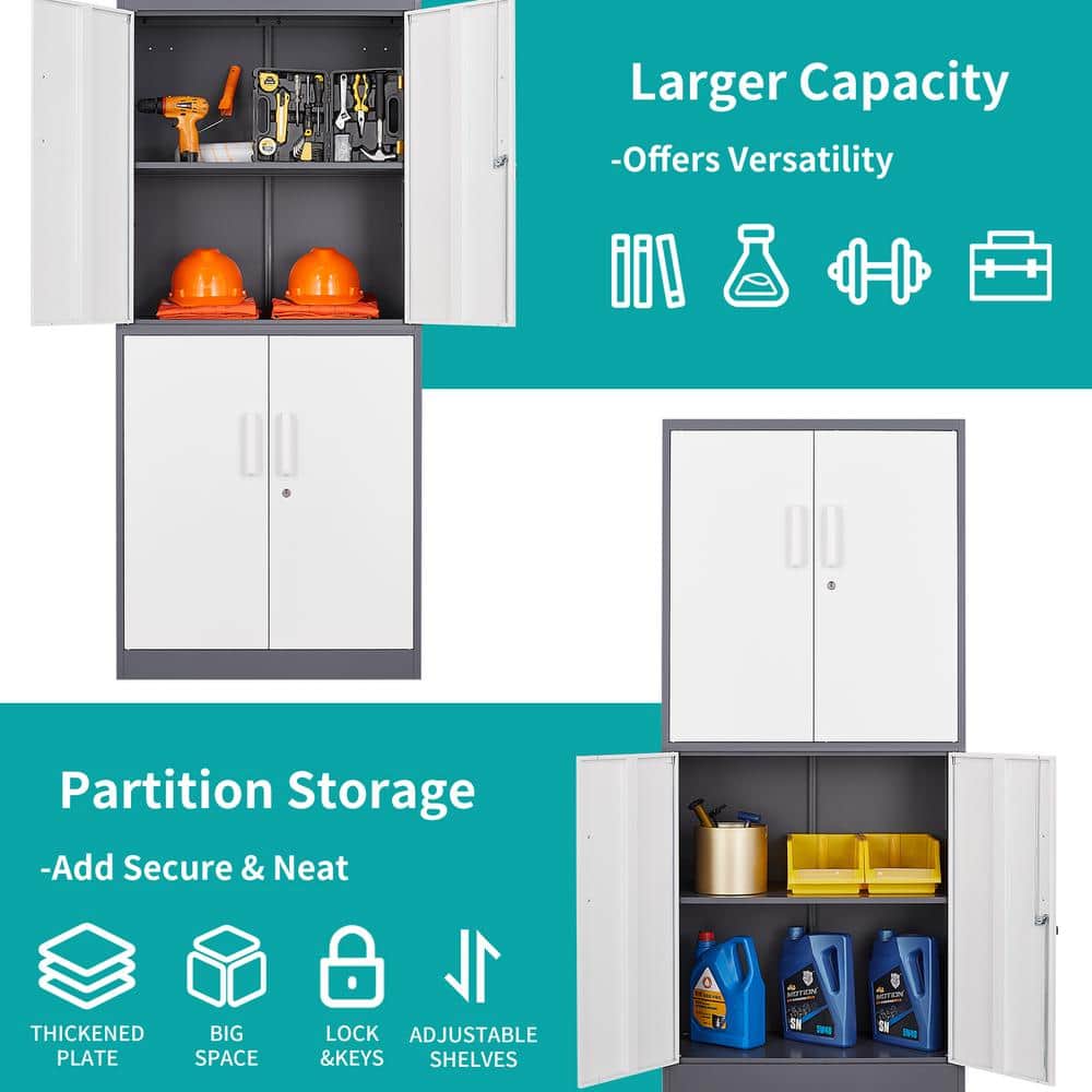 Mlezan Metal Storage Cabinet 70.9" H x31.5" W 15.7" D in Gray White Steel Cabinet with 4 Shelves 4 Doors and Lock