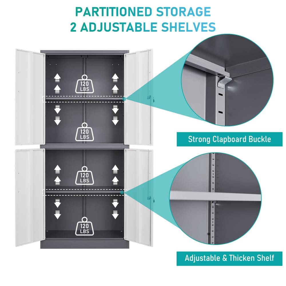Mlezan Metal Storage Cabinet 70.9" H x31.5" W 15.7" D in Gray White Steel Cabinet with 4 Shelves 4 Doors and Lock