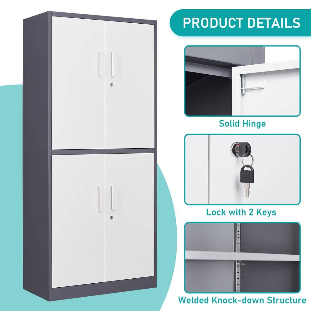Mlezan Metal Storage Cabinet 70.9" H x31.5" W 15.7" D in Gray White Steel Cabinet with 4 Shelves 4 Doors and Lock