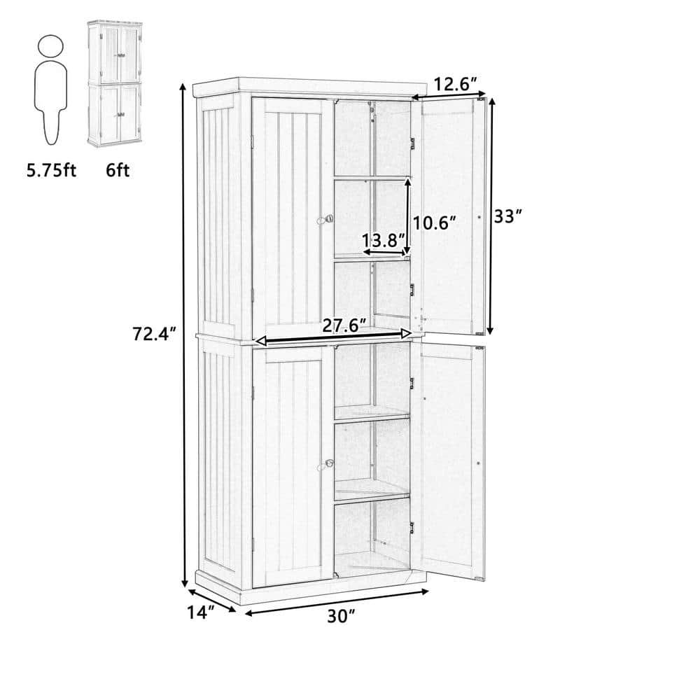 30 in. W x 14 in. D x 72.4 in. H Gray MDF Freestanding Ready to Assemble Kitchen Cabinet Storage with 4 Doors