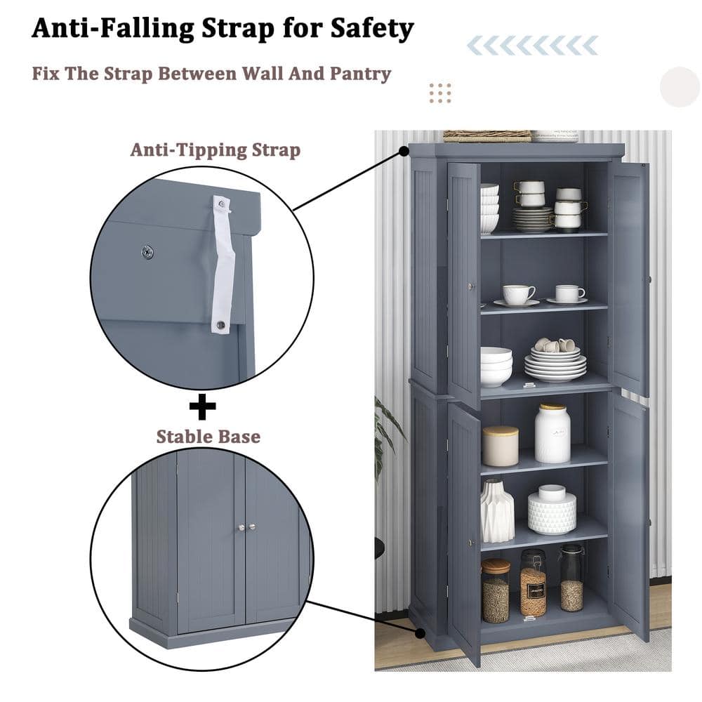 30 in. W x 14 in. D x 72.4 in. H Gray MDF Freestanding Ready to Assemble Kitchen Cabinet Storage with 4 Doors