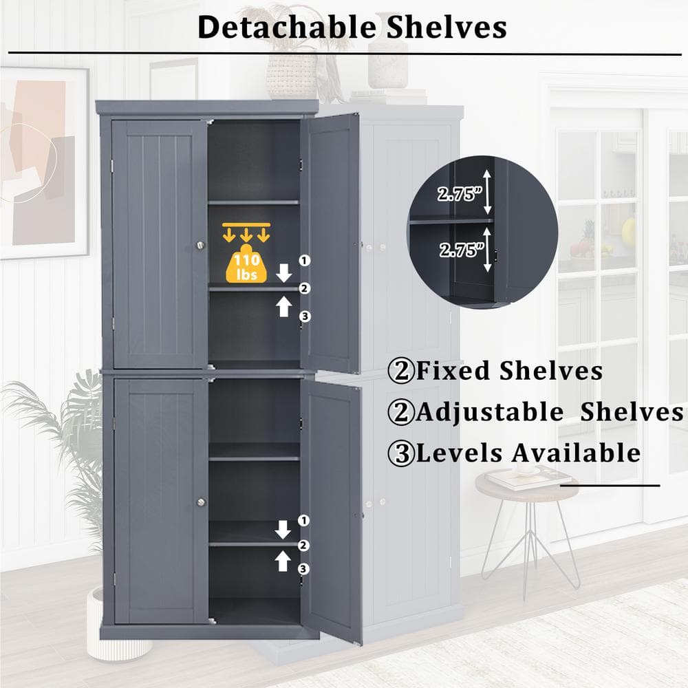 30 in. W x 14 in. D x 72.4 in. H Gray MDF Freestanding Ready to Assemble Kitchen Cabinet Storage with 4 Doors