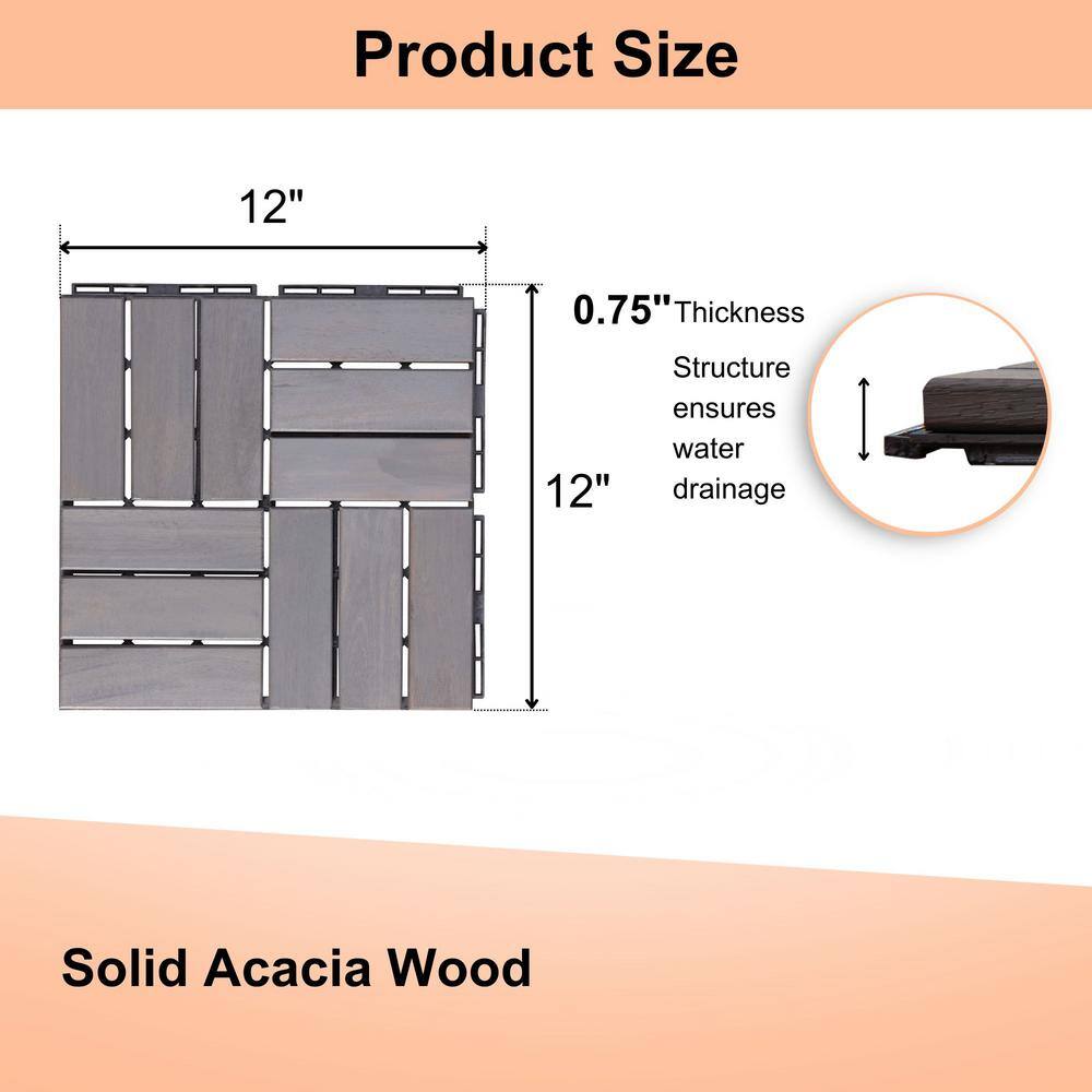 Siavonce 30-piece Interlocking Deck Tiles Checker Pattern, 12 in. x 12 in. Square Light Gray Acacia Hardwood Outdoor Flooring