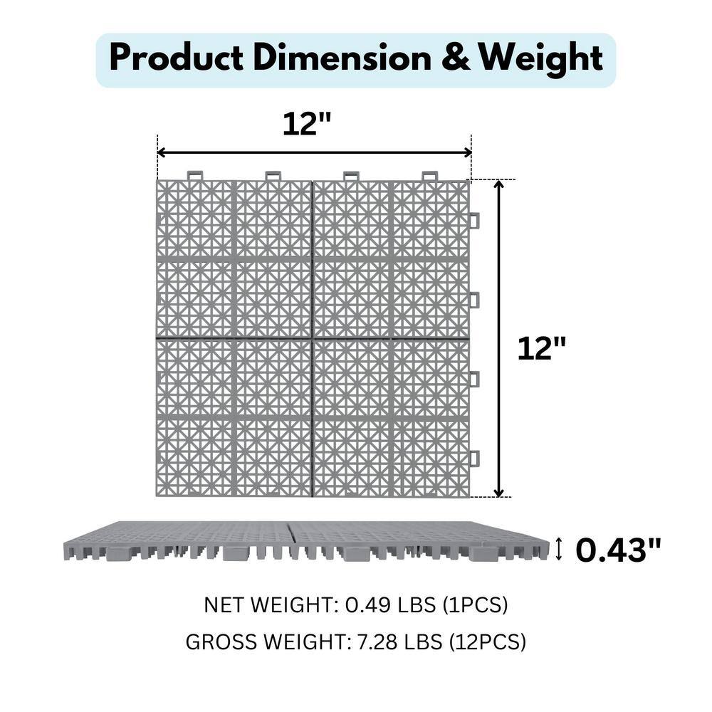 Siavonce 1 ft. x 1 ft. Interlocking Plastic Deck Tiles in Gray Waterproof Outdoor Composite Shower Balcony Porch (Pack of 1)